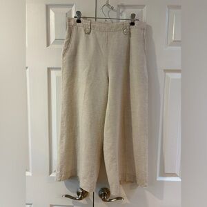 Blue Illusion Light Tan French Linen Wide Leg Cropped Elastic Back Pants Size S